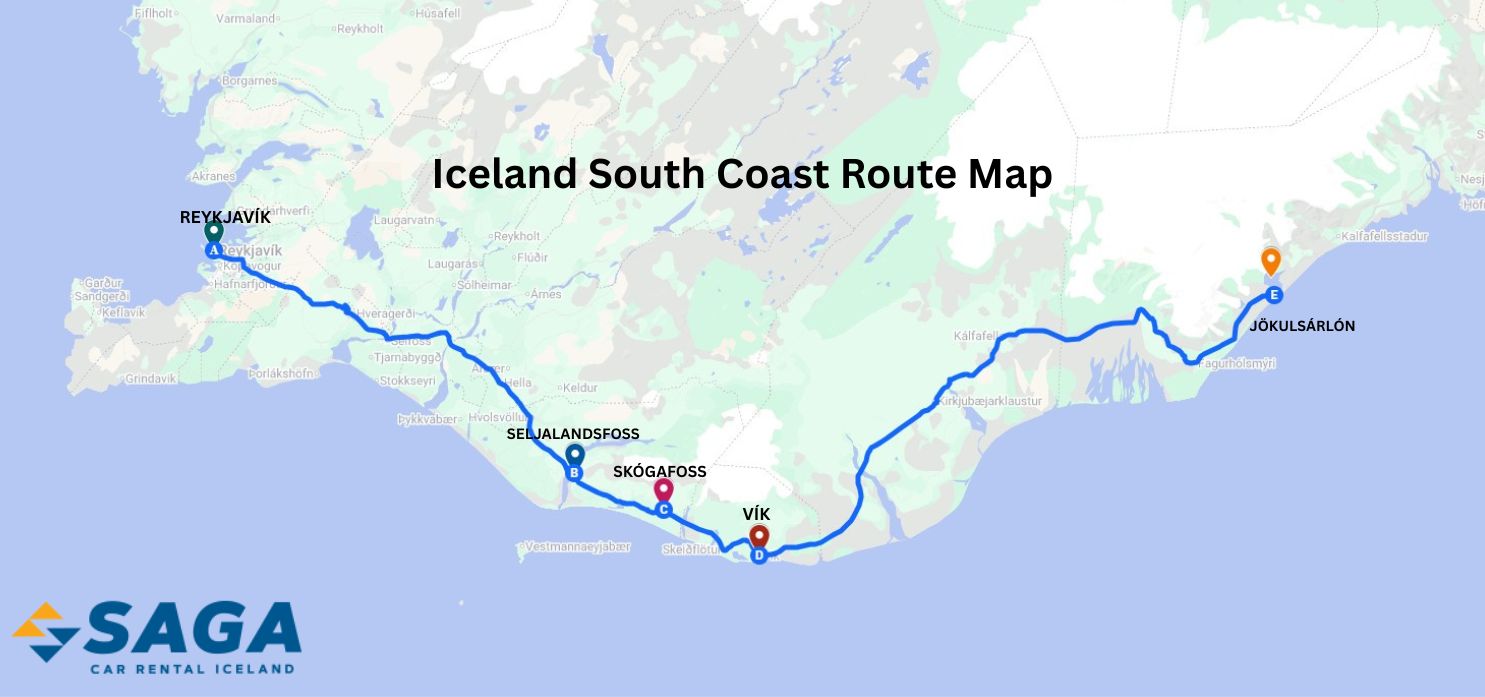 Route map of Iceland’s South Coast showing major stops along Route 1