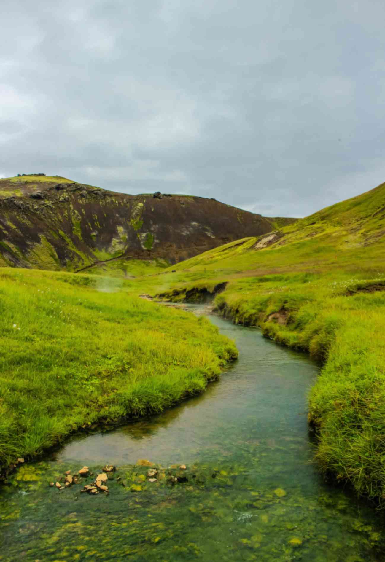 Reykjadalur hot spring river flowing through green geothermal valley in Iceland Reykjadalur hot spring river flowing through green geothermal valley in Iceland