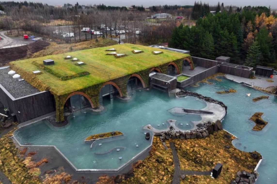 Laugarás Lagoon geothermal spa with turf-roof architecture and pools in Iceland Laugarás Lagoon geothermal spa with turf-roof architecture and pools in Iceland