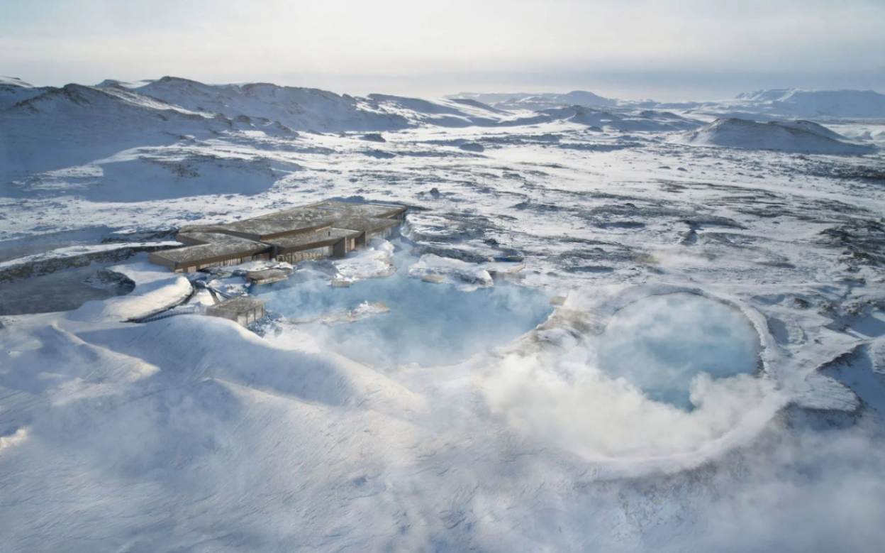 Mývatn Nature Baths geothermal lagoon surrounded by snowy volcanic landscape in North Iceland Mývatn Nature Baths geothermal lagoon surrounded by snowy volcanic landscape in North Iceland