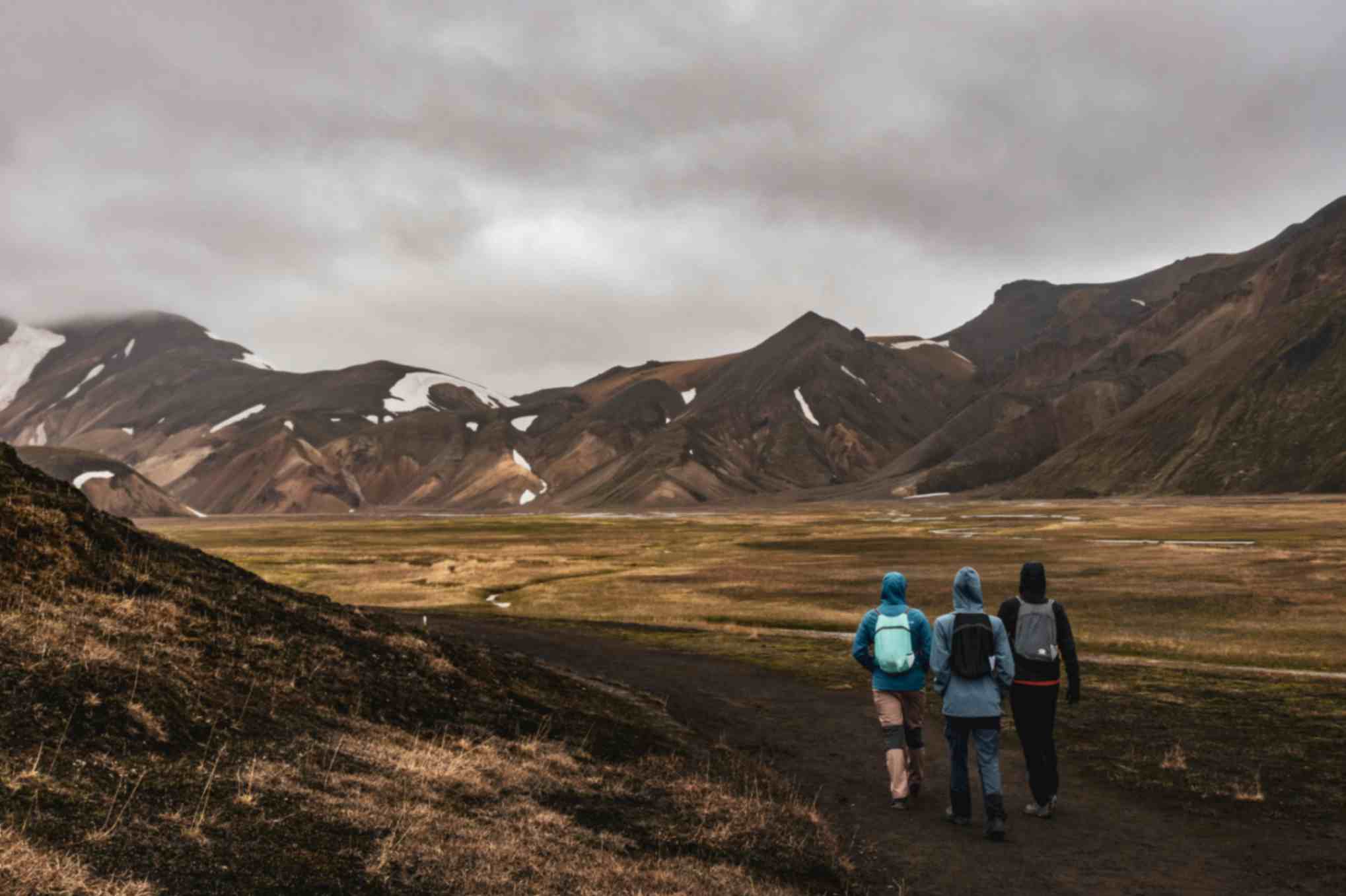 Hikers walking through colorful Landmannalaugar valley near hot springs in Iceland Highlands Hikers walking through colorful Landmannalaugar valley near hot springs in Iceland Highlands