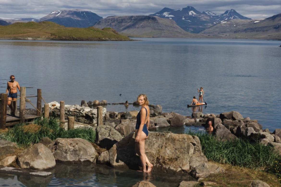 Hvammsvík natural hot springs pools along Hvalfjörður fjord in West Iceland Hvammsvík natural hot springs pools along Hvalfjörður fjord in West Iceland